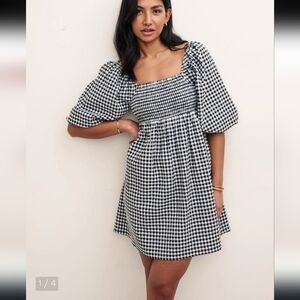 Nobody's Child Puffed Sleeve Smocked Square Neckline Gingham Mini Dress, Sz 0
